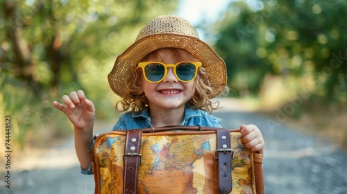 A joyful child enjoying summer break. Embracing the spirit of travel and adve...