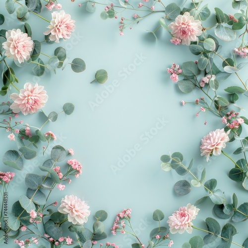 otton Flowers and Eucalyptus Branches Arranged on a Pastel Blue Background