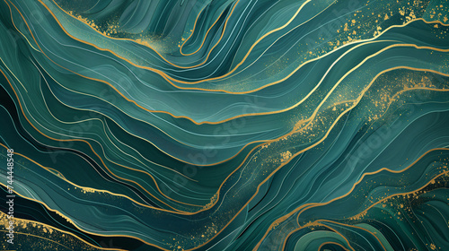 Abstract background with mixed liquid green teal paint waves and golden lines. Modern fluid art painting. Marbled oriental backdrop. kintsugi inspired wallpaper. photo