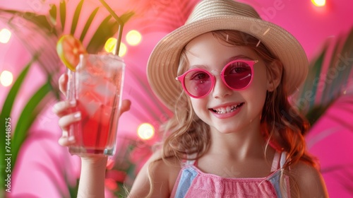 A charming young girl, dressed in a hat and sunglasses, stands in front of a ...