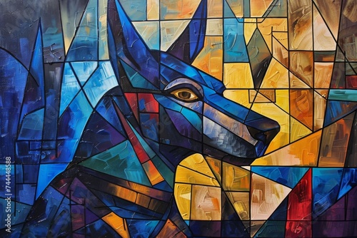 Cubism style painting of Anubis with geometric and abstract elements in a modern colorful depiction