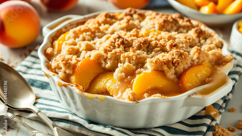 A mouthwatering serving of peach cobbler, bubbling with sweet, juicy peaches and topped with a buttery crumble topping. photo