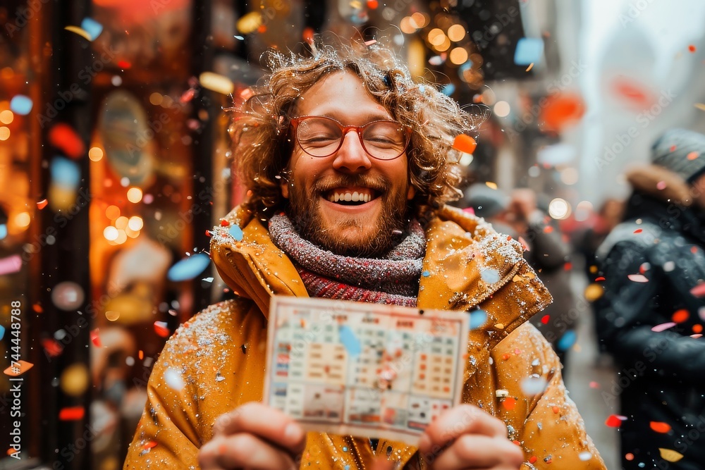 Φωτογραφία Joyful man with curly hair and glasses laughing in the snow, holding a lottery ticket with confetti around