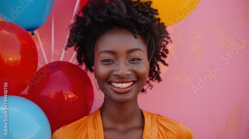 A cheerful woman with a bright smile holding colorful balloons against a pink...