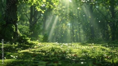 Sunlight filters through a canopy of emerald leaves, dappling the forest floo...