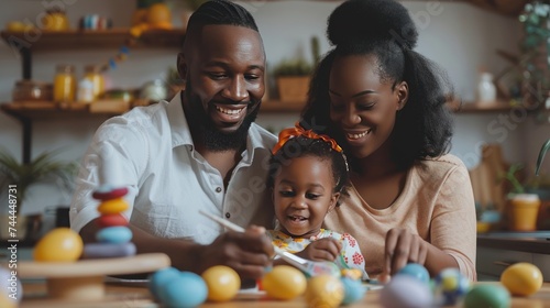 A mother, father, and their daughter are joyfully painting Easter eggs, a hap...