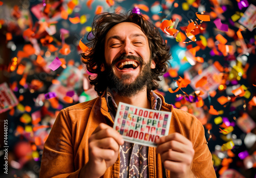 Excited bearded man with a winning lottery ticket, laughing amidst a shower of colorful confetti.