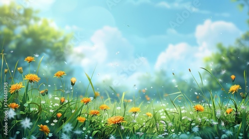 A charming meadow filled with vibrant green grass and yellow dandelion flowers