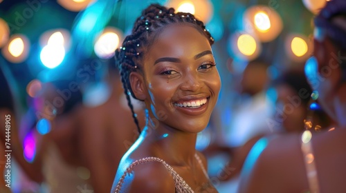 An elegant African woman gracefully dancing at a gala event