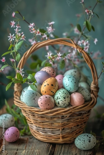 Easter eggs arranged in a basket made of wooden boards