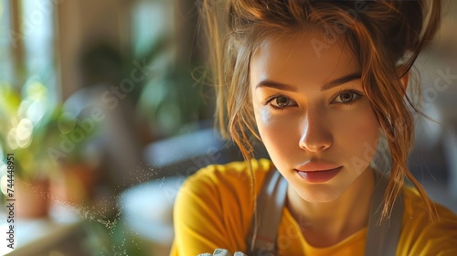 A lovely young woman is cleaning the house, diligently dusting away