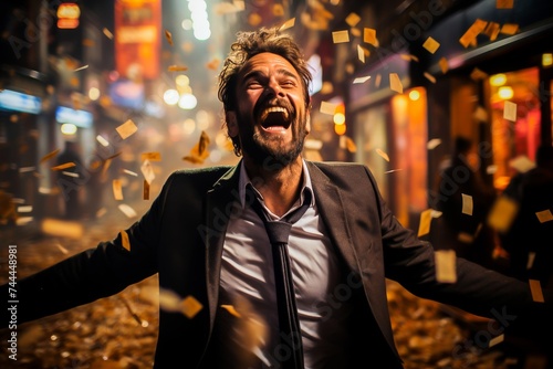 Joyful man laughing with confetti around him at a vibrant night celebration in the city.