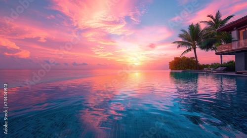 Luxurious beach resort featuring bungalows near an infinity pool overlooking the sea at sunset © olegganko