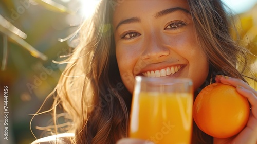 A young, beautiful mixed-race Asian, Caucasian model is smiling while holding...