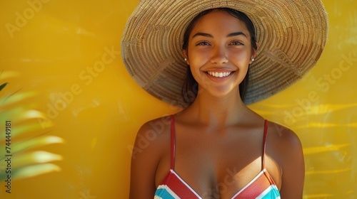 A cheerful, young woman with a slim physique is wearing a striped red and blu...