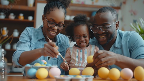 A mother, father, and their daughter are joyfully painting Easter eggs, a hap...