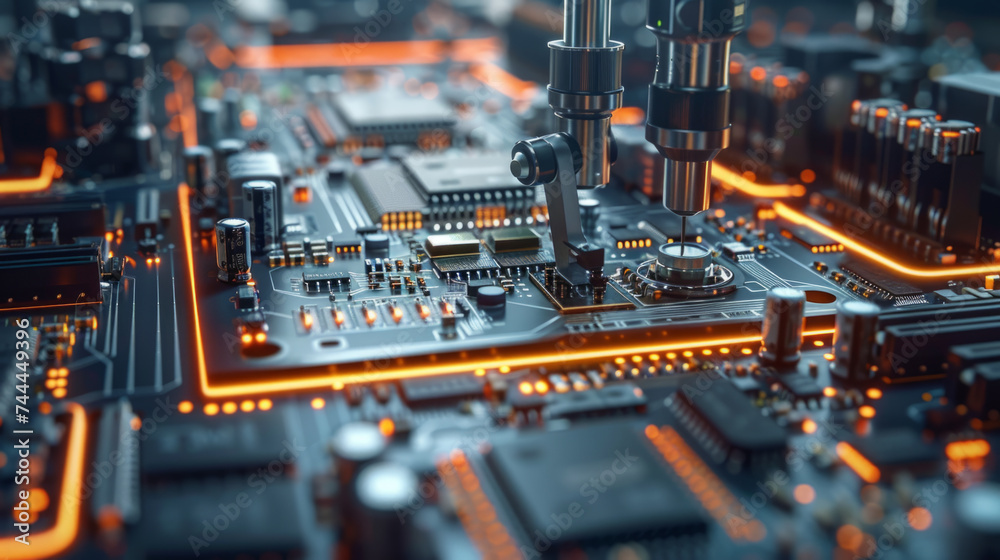 Highly detailed 3D illustration of a CNC machine tool in action, intricately working on a complex electronic circuit board with glowing lines and futuristic ambiance.
