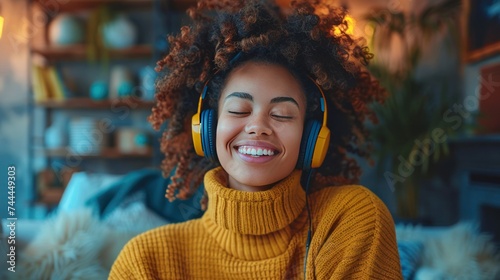 A delighted millennial woman, sporting headphones, is seen having a great time dancing to music