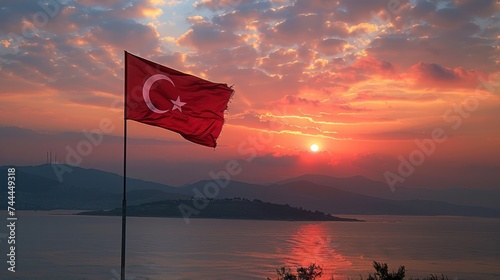 A Turkish national flag is displayed on a pole outdoors