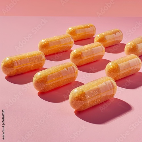 Orange vitamin pills arranged on a soft pink background in a well-lit studio