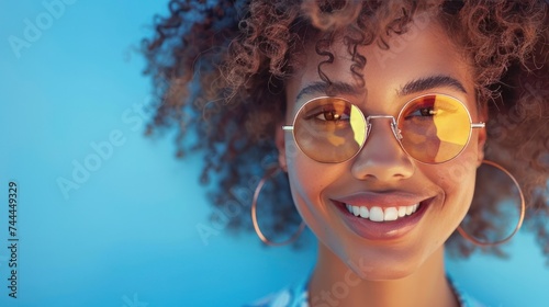 A close-up photograph of a fashionable young woman wearing sunglasses, smilin...