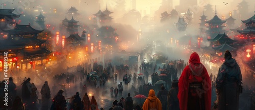 An Asian ancient city in the fog with people dressed in dark clothes photo