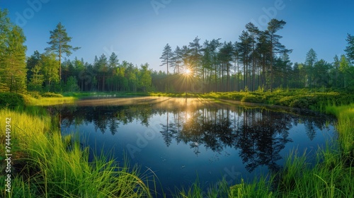 A panoramic view captures the bright sun shining through green trees and tall grass, reflecting in a water pond © olegganko