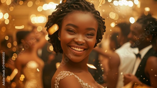 An elegant African woman gracefully dancing at a gala event