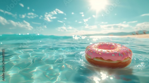 A trendy donut float gently lands on the sparkling clear pool water under the...