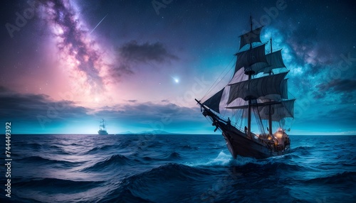 A majestic ship sails through calm waters under a vivid night sky illuminated by a galaxy's core. This timeless image captures the essence of exploration and the ageless beauty of the night sky.