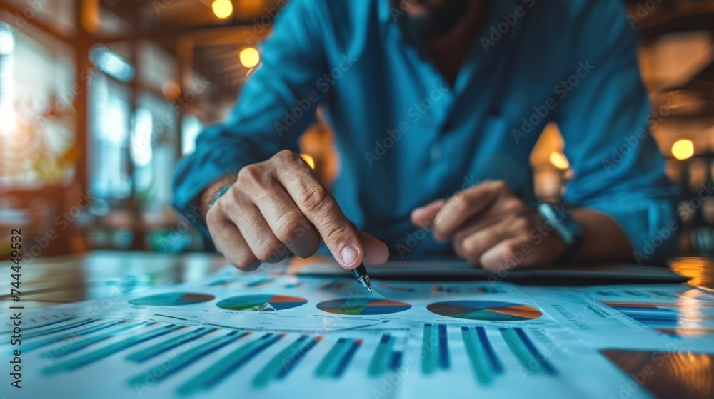 The businessman is pointing towards an arrow graph, symbolizing the concept of business development leading The businessman is pointing towards an arrow graph, symbolizing the concept of business development leading
