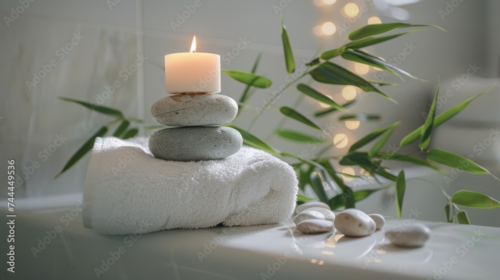 Still life spa setting featuring stacked stones, a burning candle, and bamboo leaves