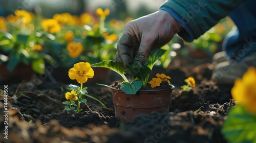 Gardeners are planting flowers by hand in pots filled with dirt or soil