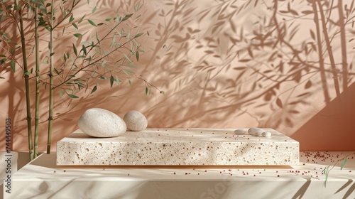 A premium paper podium set against a soft pastel backdrop, embellished with p...