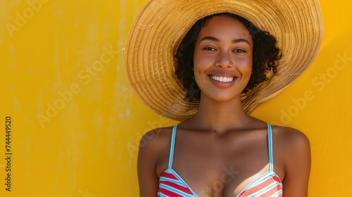 A cheerful, young woman with a slim physique is wearing a striped red and blu...