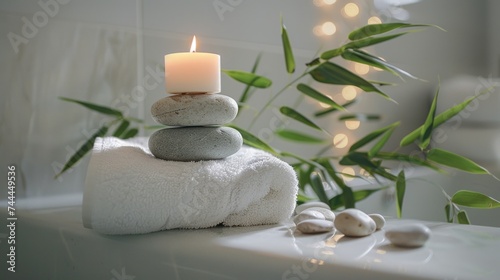 Still life spa setting featuring stacked stones, a burning candle, and bamboo...