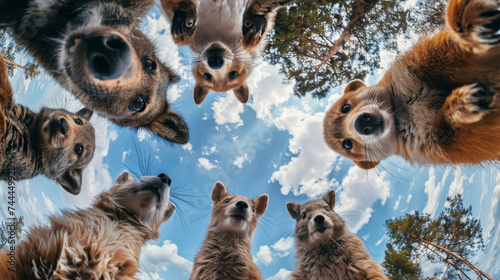 Bottom view of wild forest animals standing in a circle against the sky. An unusual look at animals. Animal looking at camera photo