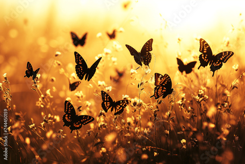 A peaceful scene of butterflies fluttering above a carpet of sunlit grass, their delicate silhouettes dancing in the warm glow of late afternoon, evoking a sense of tranquility and wonder.