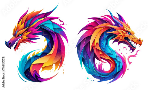 two colorful dragon tattoos on a transparent background, stylized layered shapes, water dragon, stylized dynamic folds, some square paintings, golden mean, fire dragon