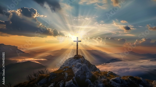 Jesus cross on mountain hill christian son of god resurrection easter concept sunrise new day christ holy #744450185