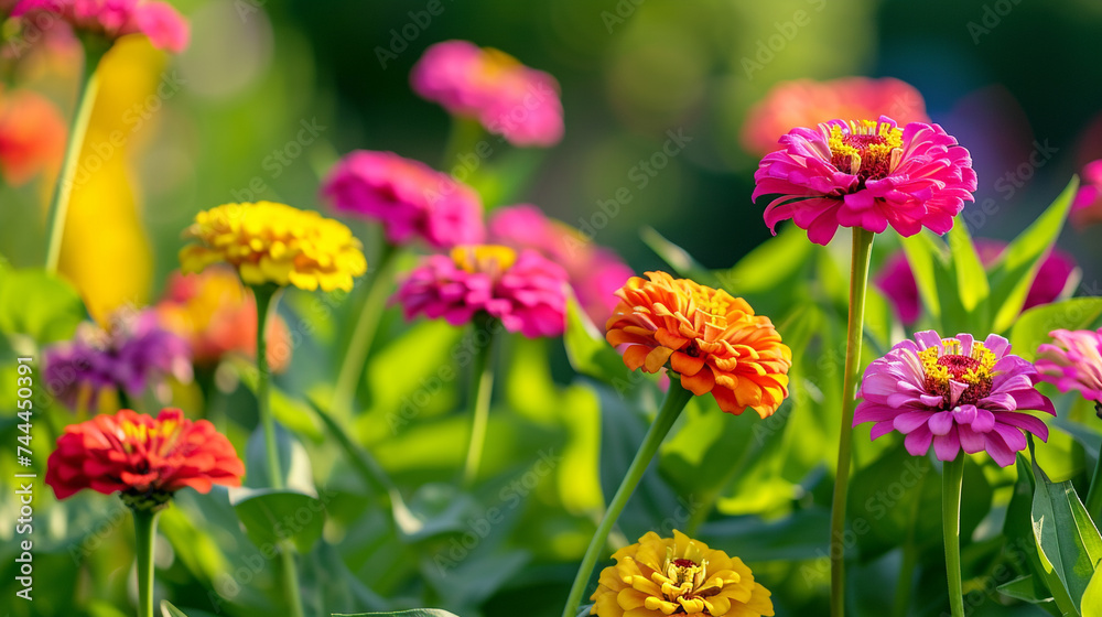 A picturesque garden bursting with the vibrant colors of zinnias in full bloom, their cheerful faces turning towards the sun.
