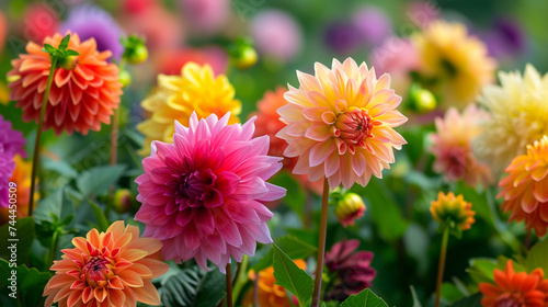 A picturesque garden alive with the vibrant colors of dahlias in full bloom  their intricate petals a testament to nature s artistry.