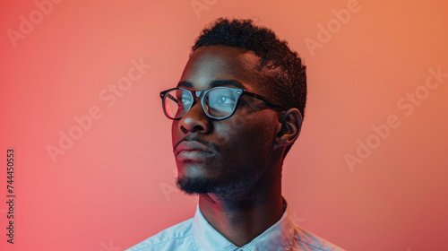 Portrait of a thoughtful man with glasses looking to the side, illuminated by a soft red and blue light on a dark background © ChubbyCat