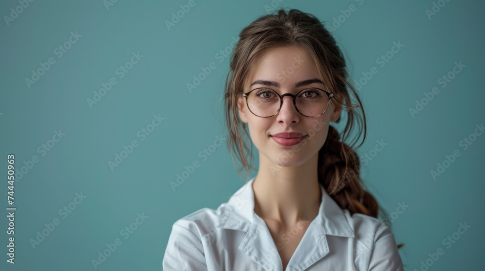 A young woman with a braid and round glasses, wearing a white shirt, poses in front of a teal background. Her expression is pleasant and she looks directly at the camera. A young woman with a braid and round glasses, wearing a white shirt, poses in front of a teal background. Her expression is pleasant and she looks directly at the camera.