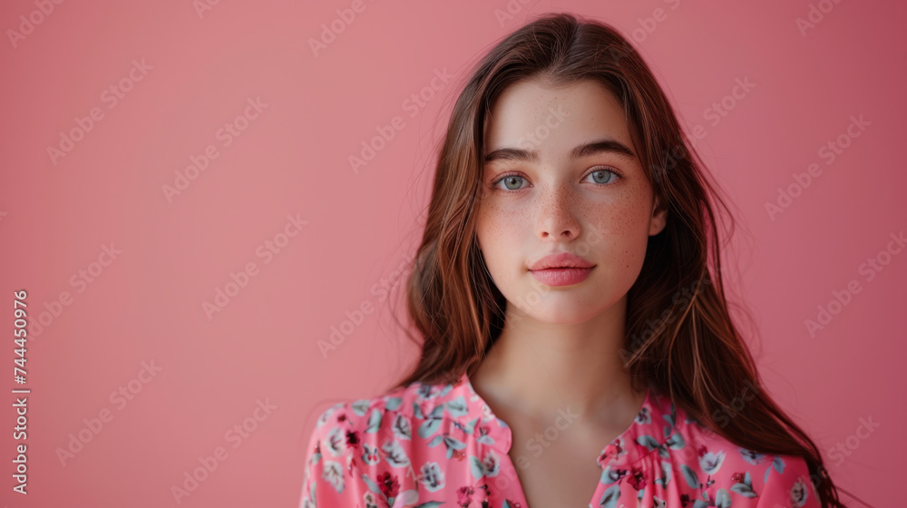 A portrait of a young woman with freckles, clear blue eyes, and long hair, wearing a floral shirt standing against a soft pink background. A portrait of a young woman with freckles, clear blue eyes, and long hair, wearing a floral shirt standing against a soft pink background.