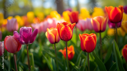 A picturesque scene of colorful tulips in bloom  their vibrant petals creating a stunning display of natural beauty.