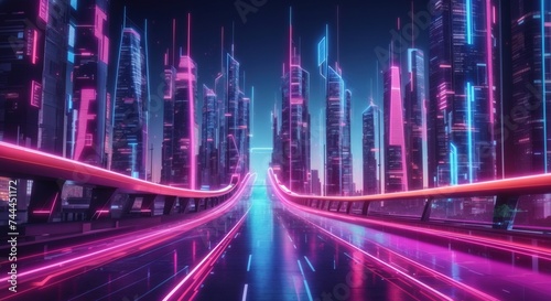 Abstract highway path through digital towers in the city