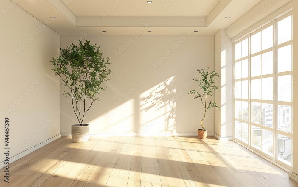 Fototapeta premium An empty room in a building with a potted plant and a large window