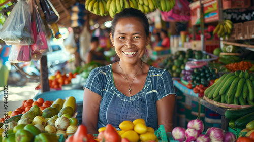 Happy female store owner at greenmarket