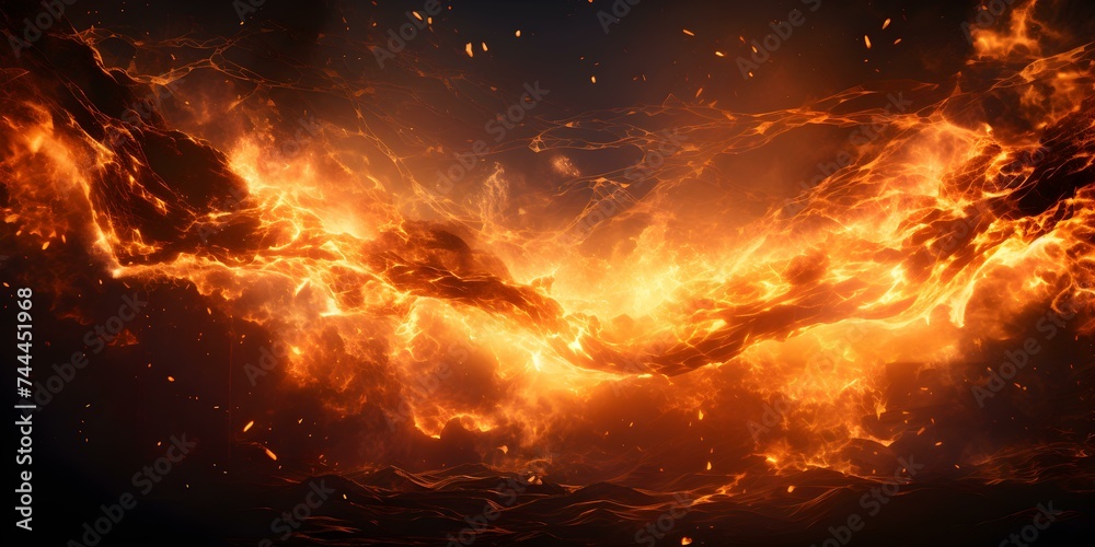 Engulfing Destruction: Intense Flames Cast a Radiant Glow. Concept Fire Photography, Fiery Scenes, Light and Shadows, Dramatic Flames, Burning Landscapes